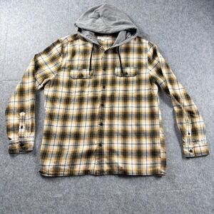 Aeropostale Mens Hooded Flannel Shirt Yellow Black Plaid Long Sleeve Large 8700